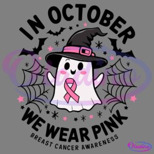 A cute ghost wearing a witch hat and a pink ribbon, symbolizing breast cancer awareness. The ghost is surrounded by pink stars and has a happy expression.