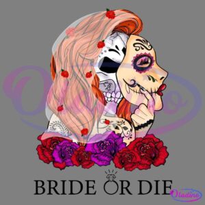 Illustration of a woman with half of her face painted in a sugar skull design, featuring vibrant pink and purple eye accents and intricate patterns. She has long orange hair adorned with red roses, and there's a cascade of red and purple roses beneath her face.