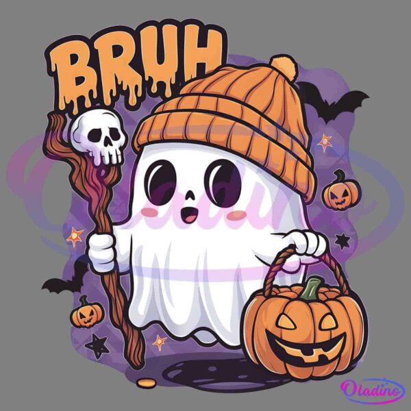 A cute cartoon ghost wearing an orange beanie holds a staff with a skull on top in one hand and a pumpkin bucket in the other. The ghost is surrounded by bats, stars, and pumpkins, with the word "BRUH" in dripping letters above its head.