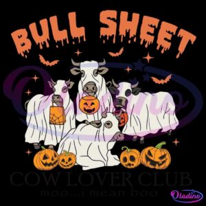 Four cows are dressed as ghosts with white sheets draped over them, celebrating Halloween. Three of them are holding pumpkin-shaped lanterns, and around them are carved Halloween pumpkins with various expressions. The background is orange with subtle sparkles.