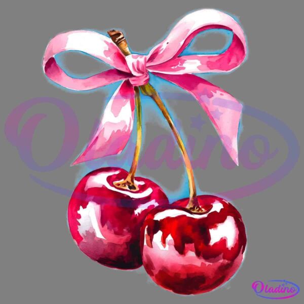 A hand-drawn image of two red cherries hanging from their stems, adorned with a pink ribbon tied in a bow at the top. The cherries are glossy and vibrant, with shades of red and highlights reflecting light, creating a fresh and appealing look.