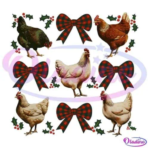 A festive design features three types of chickens (two brown, one black, and three white) surrounded by red and green plaid bows and sprigs of holly with red berries, all set against a black background.