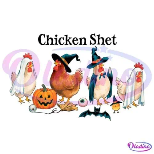 Four cartoon chickens are dressed in Halloween costumes: one as a ghost, one as a witch, one as a sorcerer, and another as a ghost. They are surrounded by Halloween-themed items like a carved pumpkin, bat, eyeball, and a small spider.