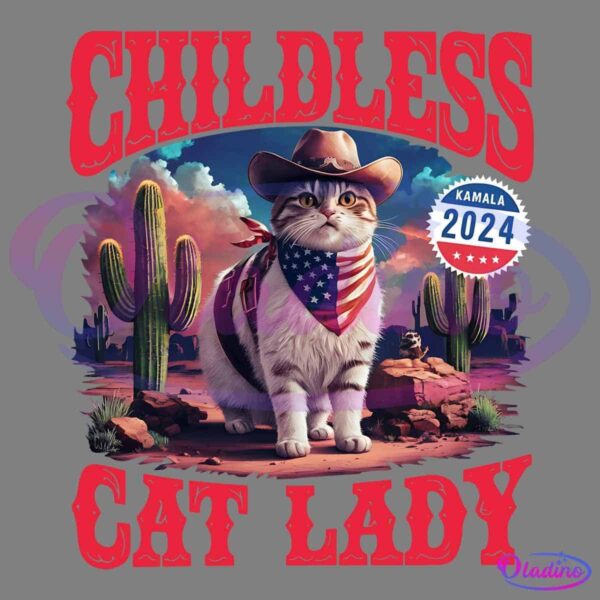 A cat dressed as a cowboy stands in a desert landscape with cacti, wearing a hat and an American flag bandana. A "Kamala 2024" campaign button is on the right side. The background features a sunset with vibrant colors.