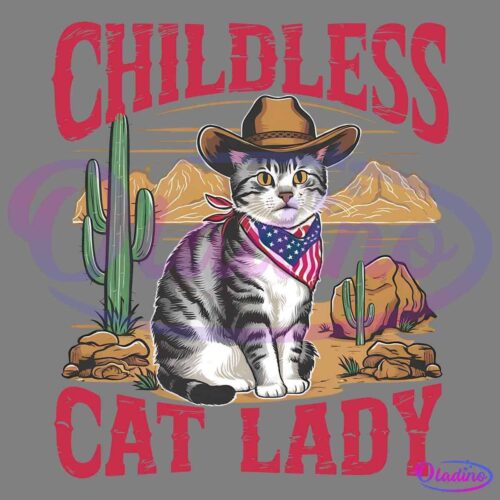 An illustration of a gray tabby cat wearing a cowboy hat and an American flag bandana. The cat is sitting in a desert landscape with cacti and distant mountains in the background, all framed by a red border.