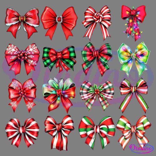 This image features a collection of 15 colorful holiday-themed bows. The bows have various patterns, including candy cane stripes, plaid, snowflakes, and multicolored lights, set against solid black or white backgrounds.