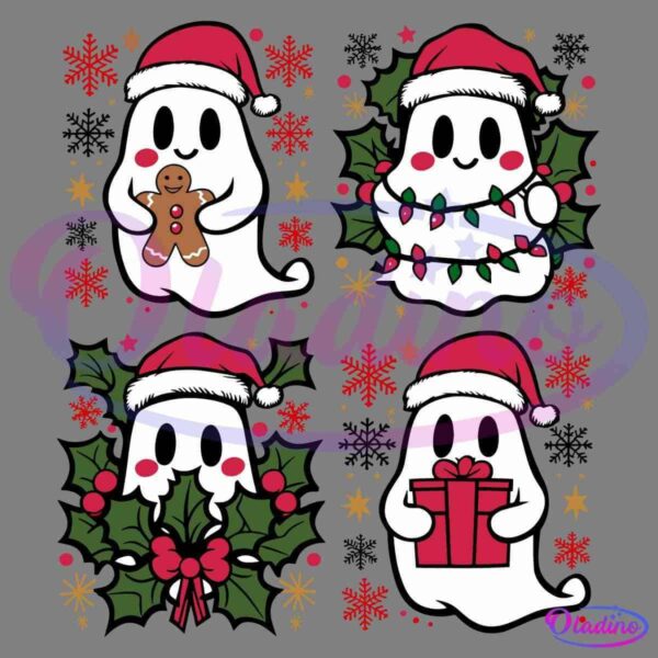 Four cute ghosts wearing Santa hats are depicted in Christmas-themed poses. One holds a gingerbread cookie, another is wrapped in Christmas lights, one peeks from a holly wreath, and the other carries a gift. Red and gold snowflakes and stars adorn the background.