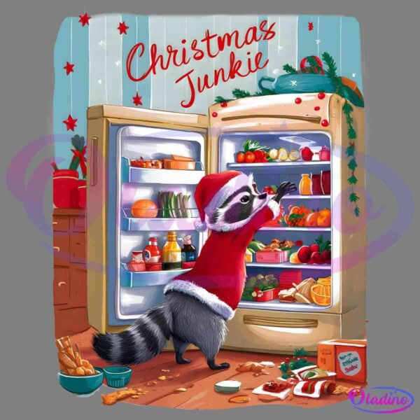 An illustration of a raccoon wearing a Santa hat and jacket, standing in front of an open refrigerator filled with food in a kitchen. "Christmas Junkie" is written above in red text. The kitchen is decorated with Christmas items like garlands and stars.