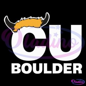 The image shows the logo for CU Boulder. The letters "CU" are large and white, with a black buffalo horn and yellow fur adorning the top left corner of the "C". Below, the word "BOULDER" is written in smaller white letters. The background is black.