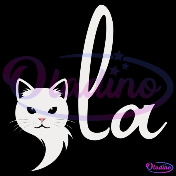 Logo featuring a minimalist, white cat head with black eyes and a pink nose, seamlessly integrated into the cursive text "la" in white on a black background. The cat's head forms part of the letter "l," creating a cohesive design.