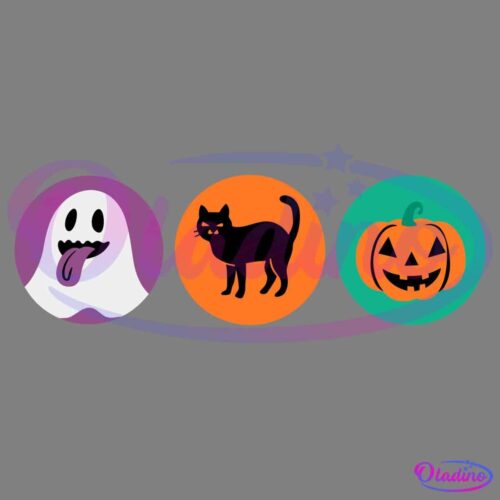 A set of three round Halloween-themed icons on a black background. The left icon has a playful ghost with its tongue out on a purple background. The middle icon features a black cat on an orange background. The right icon shows a smiling jack-o'-lantern on a green background.