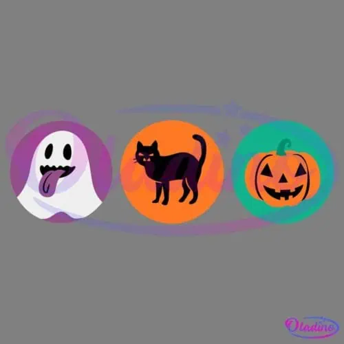 A set of three round Halloween-themed icons on a black background. The left icon has a playful ghost with its tongue out on a purple background. The middle icon features a black cat on an orange background. The right icon shows a smiling jack-o'-lantern on a green background.