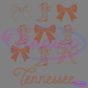 Illustration featuring six pairs of cowboy boots and bows. Three pairs of boots and bows are interspersed with three plain bows on top. The word "Tennessee" is written in a rope-like font at the bottom. All elements are in brown.