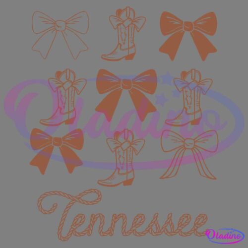 Illustration featuring six pairs of cowboy boots and bows. Three pairs of boots and bows are interspersed with three plain bows on top. The word "Tennessee" is written in a rope-like font at the bottom. All elements are in brown.