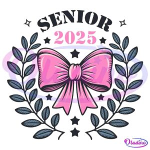 Illustration of a pink bow with the text "SENIOR 2025" above it. The text is surrounded by laurel branches and stars on a black background.