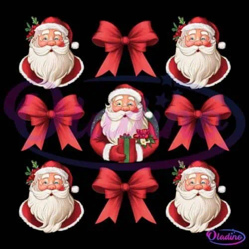 Illustration featuring nine holiday-themed images arranged in a grid. The images alternate between jolly Santa Claus faces and large red bows. In the center, Santa holds a gift with a festive green ribbon. The background is white, adding a clean look.