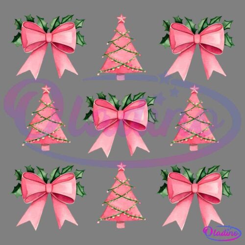 A festive pattern featuring alternating rows of pink Christmas trees with garlands and stars and pink bows with green holly leaves, all set against a black background.