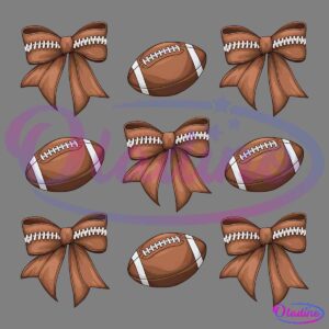 Illustration of nine American footballs arranged in a grid pattern. Four of the footballs have large brown bows tied around them, while the other five are plain footballs with white laces on a black background.