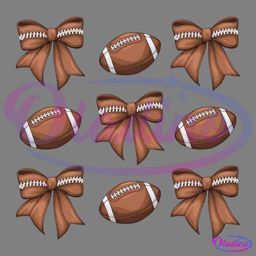 Illustration of nine American footballs arranged in a grid pattern. Four of the footballs have large brown bows tied around them, while the other five are plain footballs with white laces on a black background.