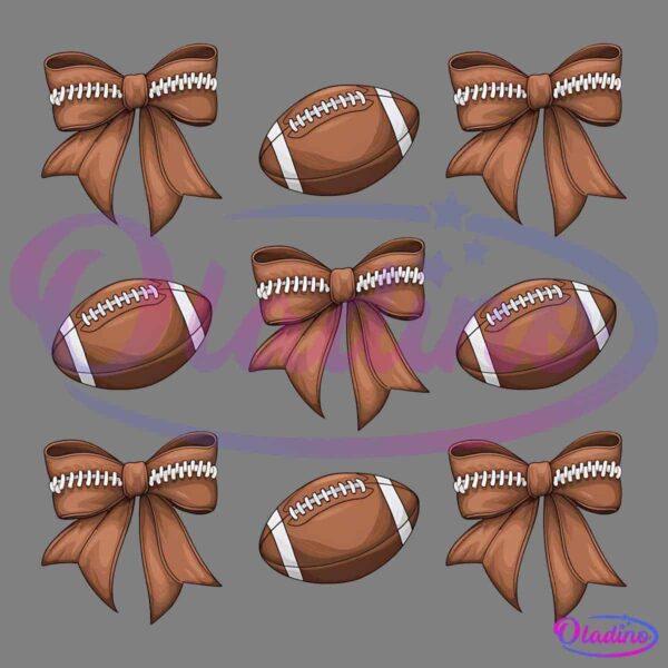 Illustration of nine American footballs arranged in a grid pattern. Four of the footballs have large brown bows tied around them, while the other five are plain footballs with white laces on a black background.