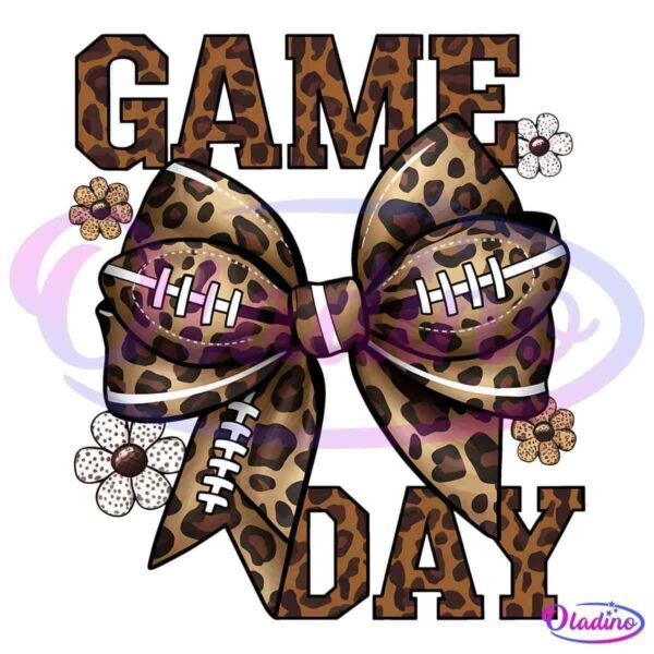 A graphic image featuring the text “GAME DAY” in bold letters with a leopard print pattern. In the center is a large leopard print bow, styled with football laces across it. Surrounding the bow are white and brown flowers with polka dots.