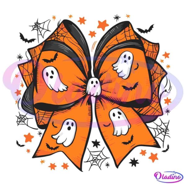 An orange and black Halloween-themed bow tie with ghost and bat designs. The bow is adorned with spiderweb patterns and surrounded by small stars, bats, and spiderwebs, all against a dark background.