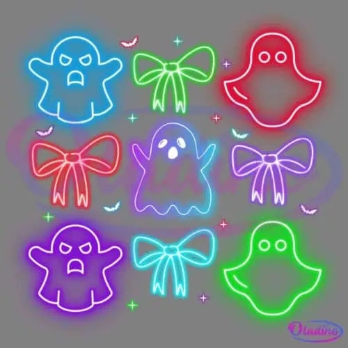 A colorful illustration featuring six ghostly figures with bows. Each ghost is set within a vibrant, glowing backdrop: blue, green, red, and purple. The ghosts have various expressions, and small bats are scattered around the image.