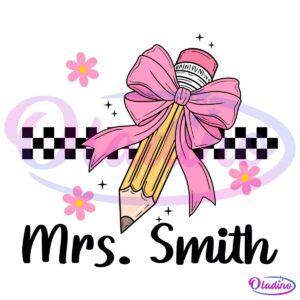 An illustration of a pencil with a large pink bow tied around the eraser end. Several small pink flowers surround the pencil, and there is a black and white checkered band in the background. The text at the bottom, though partially obscured, appears to say "Mrs. Smith.