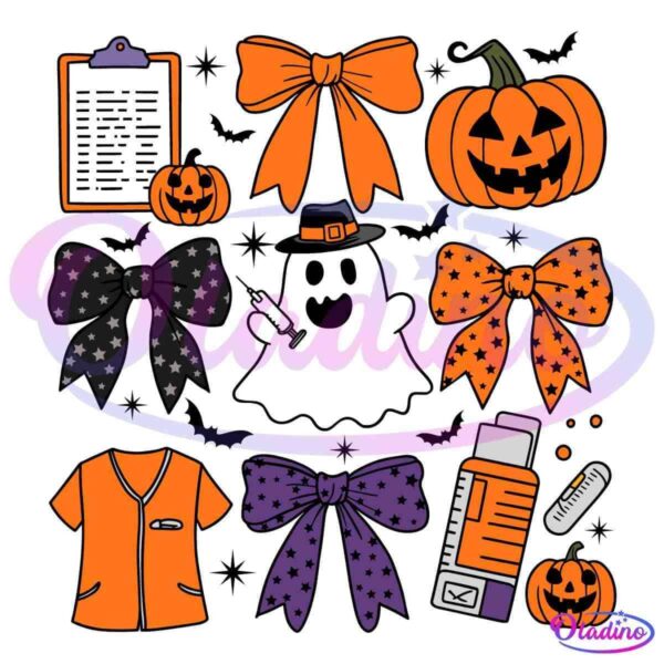 A Halloween-themed illustration featuring bows, jack-o'-lanterns, a ghost with a syringe, a clipboard, a medical outfit, a pill bottle, and a small pumpkin. The bows are in orange, black, and purple with star patterns. The background is black.