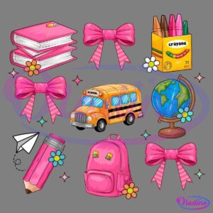 Illustration with various colorful school-themed icons on a black background, including stacked pink books, pink bows, a box of crayons, a school bus, globe, paper airplane, pencil, backpack, and small flowers.