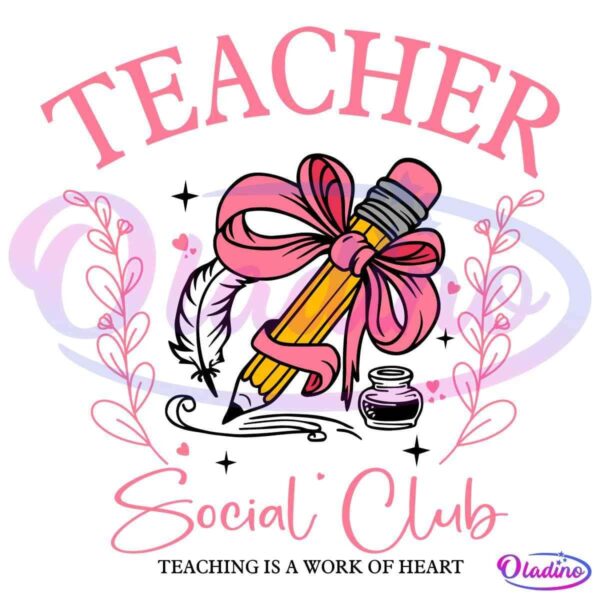 An illustration depicting the words "Teacher Social Club" in pink, along with a ribbon-tied pencil, a feather quill, an ink bottle, and decorative pink branches. The design is playful and themed around educators.