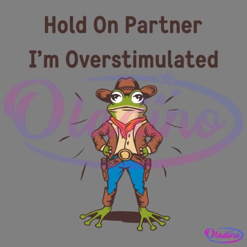 A frog dressed as a cowboy, complete with a hat, bandana, and boots, stands confidently with hands on its hips. Text above the frog reads "Hold On Partner I'm Overstimulated.