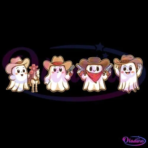 Cute animated scene of little ghost characters dressed in cowboy hats, scarves, and boots. One ghost rides a horse, two have toy pistols, and one raises its hat with a smile. All characters are in a playful, cartoon style.