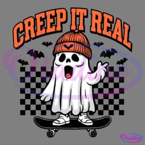 A cartoon ghost wearing a beanie with a bat logo, goggles, and sneakers is riding a skateboard. The ghost is waving one hand, with small black bats in the background and the words "Creep It Real" in bold orange text above. The background has a checkered pattern.