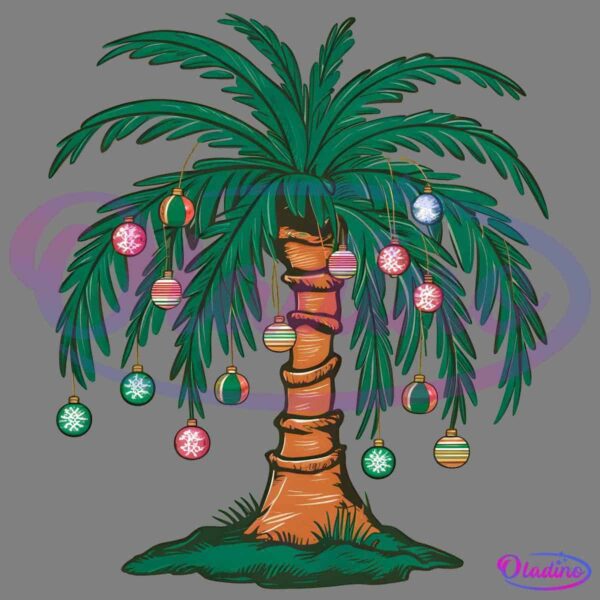 A tropical palm tree decorated with red, green, gold, and silver Christmas ornaments hanging from its fronds. The tree has a brown trunk and lush green leaves, and is set against a plain background.