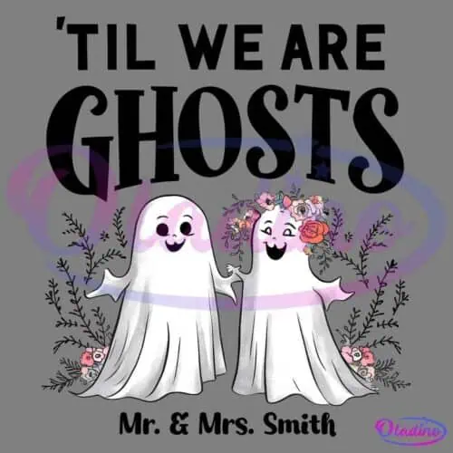 Two cheerful cartoon ghosts are holding hands and smiling. The ghost on the right wears a flower crown made of pink, orange, and white flowers, with its arm slightly raised. Floral decorations surround the ghosts, adding a whimsical touch.