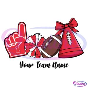 Illustration of a foam finger, pom-pom, football, and megaphone. The foam finger has "1" on it, the pom-pom is red and white, the football has stitching detail, and the red megaphone has a bow and white laces, all set against a black background.