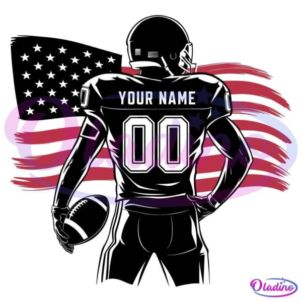 Silhouette of an American football player wearing shoulder pads, over a background of red brushstroke stripes resembling the American flag.