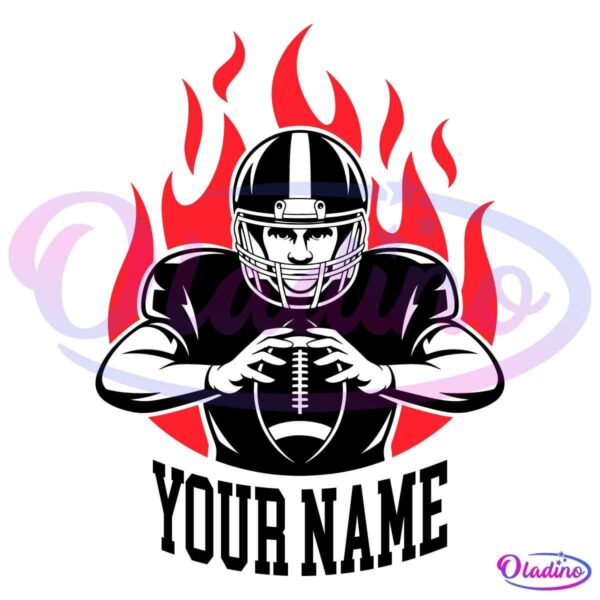 Silhouette of a football player wearing shoulder pads and a helmet, surrounded by stylized red flames. The text "YOUR NAME" is written below the player in bold, red, uppercase letters. The background is transparent.