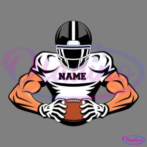 Illustration of an American football player wearing a white jersey and helmet with a black stripe. The player, with "NAME" written on the jersey, grips a football with both hands, displaying muscular arms. The background is black.