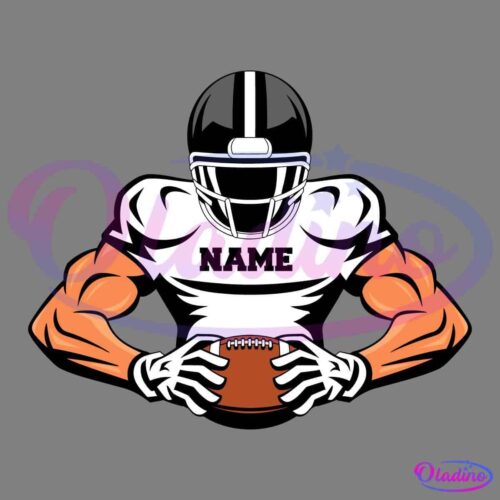 Illustration of an American football player wearing a white jersey and helmet with a black stripe. The player, with "NAME" written on the jersey, grips a football with both hands, displaying muscular arms. The background is black.