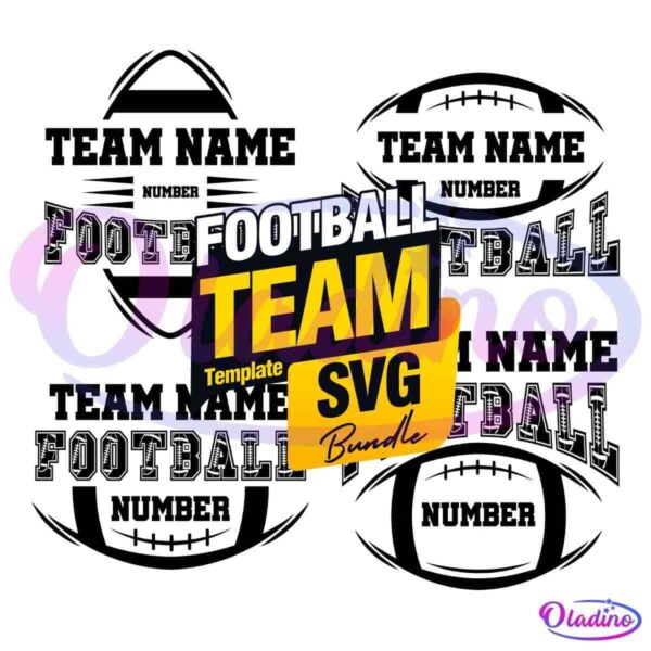 Graphic featuring bold, white and yellow text on a black background. The text reads 'Football Team Template SVG Bundle' with the word 'Football' in white, and 'Team Template' and 'SVG Bundle' in yellow. The overall design has a modern and dynamic feel.