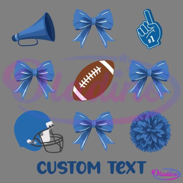 Illustration featuring football-themed items including a football, blue megaphone, a blue football helmet, blue pom-pom, a foam finger, and six blue bows. The text "CUSTOM TEXT" appears at the bottom in blue.