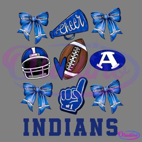 A graphic featuring blue bows, a football helmet, a football, a foam finger with "#1", a megaphone labeled "Cheer," and an "A" on a blue oval background. The bottom of the image displays the text "GO MUSTANGS" in bold blue letters.