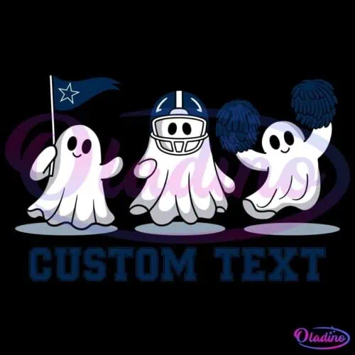 Three cartoon ghosts dressed for a sports theme: the first holds a flag with a star, the middle one wears a blue football helmet, and the last holds blue pom-poms. Below them is the customizable phrase "CUSTOM TEXT" in bold blue letters.