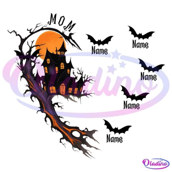 A spooky haunted house with glowing windows sits in front of a large orange full moon. Dark, twisted tree branches frame the scene, giving it an eerie atmosphere. Bats are flying around the moon, adding to the Halloween-themed imagery.