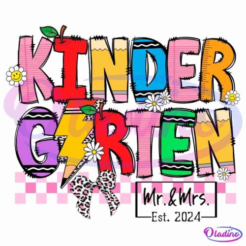 Colorful, playful text spells out "KINDERGARTEN" with letters resembling various objects: apples, pencils, flowers, and a bow on a checkered background. The design incorporates bright colors like red, blue, pink, purple, and green.