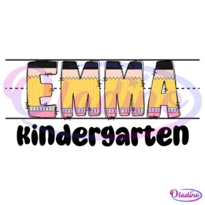 An illustrated image of the name "EMMA" spelled out in large, capital letters designed to look like sharpened pencils. Each letter features a yellow pencil body with pink, eraser-like tops and sharpened tips at the bottom. The text is against a plain background.