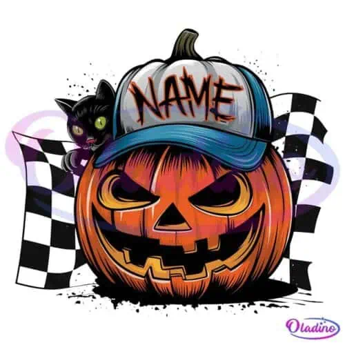 An illustration of a carved pumpkin with a mischievous grin, wearing a blue and gray baseball cap that reads "NAME" in red letters. A black cat with green eyes peeks out from behind the pumpkin. In the background, there are two checkered racing flags.