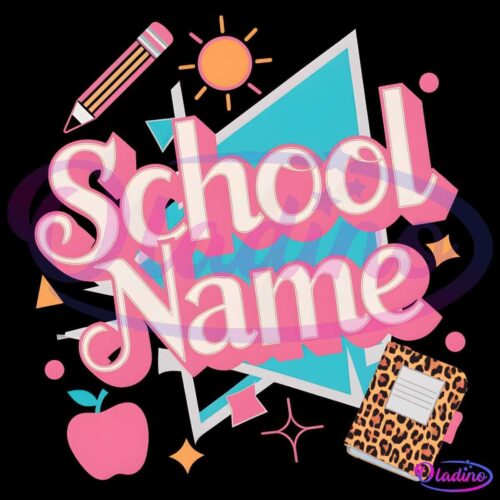 A playful school-themed design featuring the text “School Name” in pink and white letters. Surrounding the text are a pencil, sun, geometric shapes, an apple, and a notebook with a leopard print cover on a blue and white background.